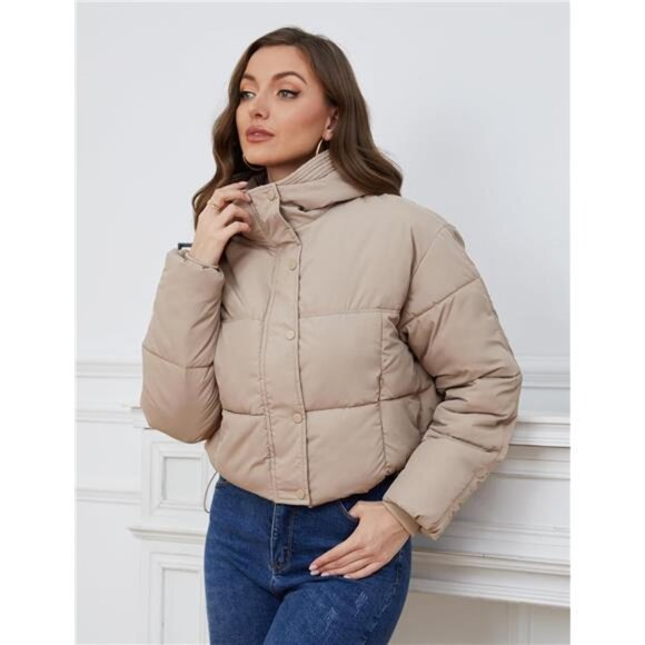 Womens Cropped Puffer Jacket Hooded Zip Up Khaki - Picture 6 of 6